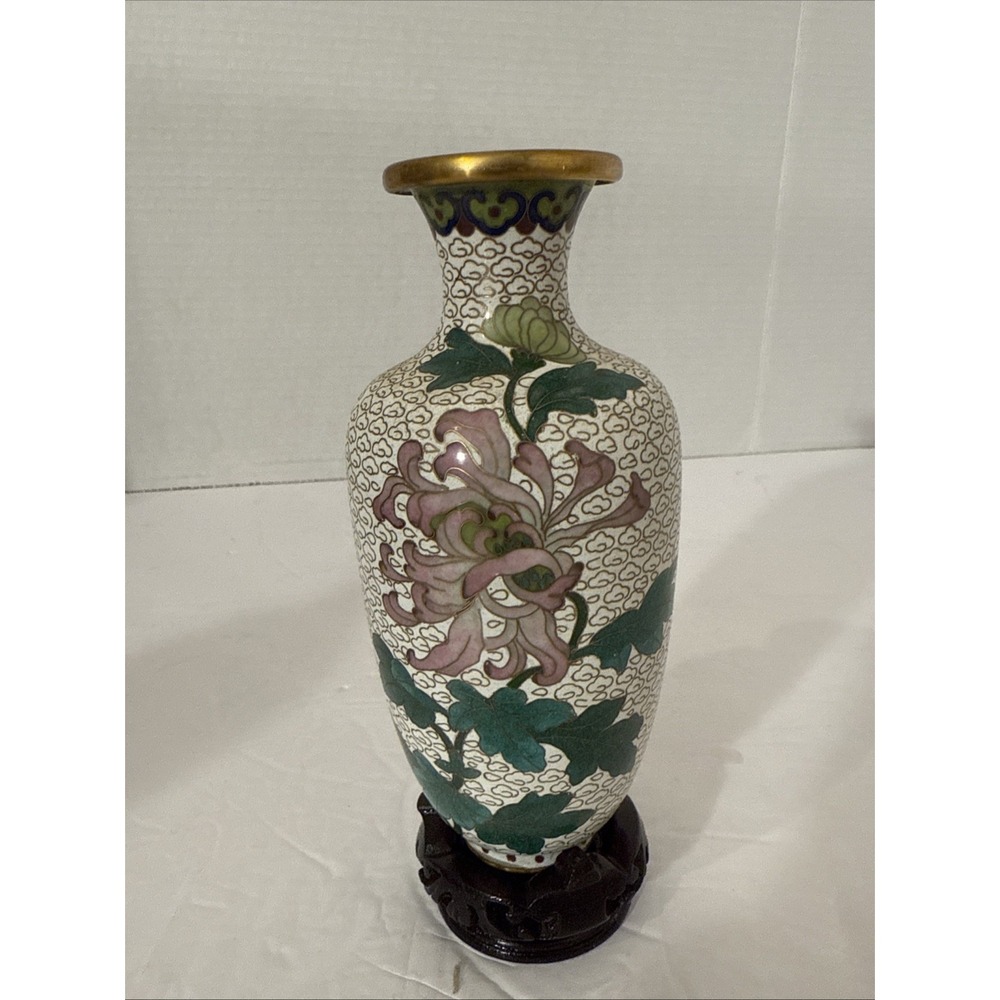 Vintage Chinese Cloisonné White Enamel Pink Floral Design Vase 7" Tall With Base